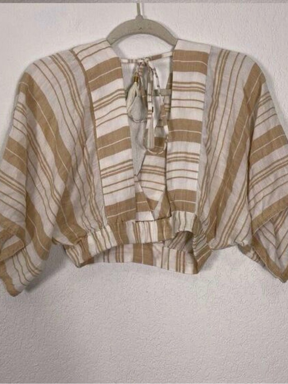 l*space Beige and White Striped Cropped Peasant Top